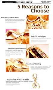 Detail of golden skull keychain with Czech rhinestones and eco-friendly plating