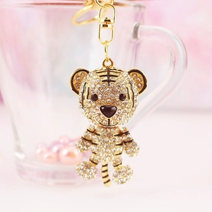 Sparkling rhinestone tiger keychain in gold finish for car keys and handbag decor