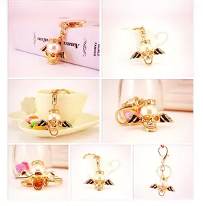 Detail of golden skull keychain with pearl head, crown and wings on various backgrounds