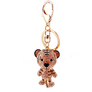 Sparkling rhinestone tiger keychain in gold alloy with exquisite enamel stripes and lobster clasp