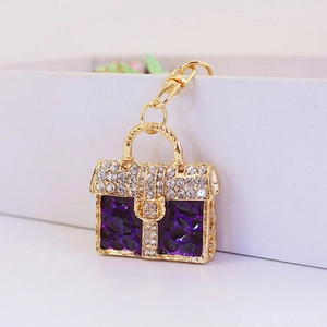 Porte-clés sac à main léopard violet avec cadre doré et strass en cristal étincelants