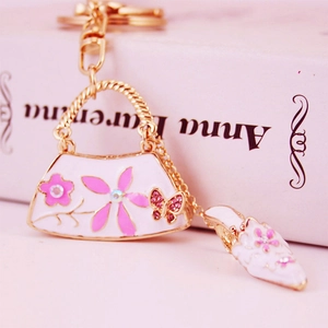 Creative Fashion Handbag Shape Keychain With High Heel Charm Zinc Alloy Enamel Flower Rhinestone Bag Hanging Decoration