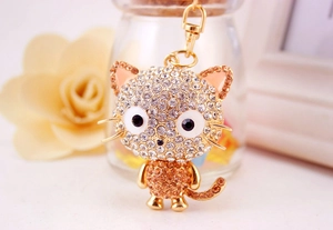 Detailed close-up of a cartoon cat keychain featuring shimmering inlaid rhinestones