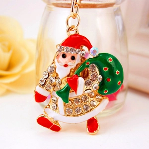 Christmas Santa Claus keychain with red enamel and rhinestones for women's bags