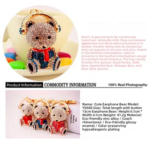 Detailed macro view of rhinestone bear keychain with headphones in three various colors