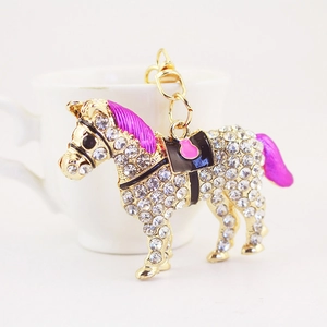 Exquisite colorful horse keychain with gold alloy plating and shimmering white crystals