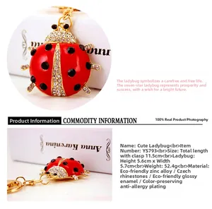 Detailed macro view of the sparkling red crystal ladybug keychain with zinc alloy base