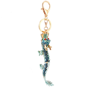 Porte-clés dragon de style chinois avec strass bleus et placage en alliage doré