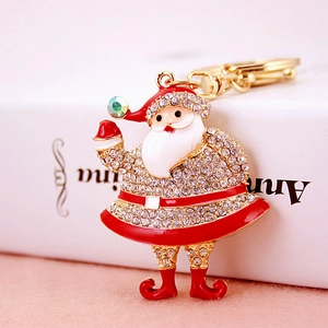 Rhinestone Santa Claus Keychain Zinc Alloy Enamel Christmas Gift Gold Plated Key Ring Bag Pendant Decoration For Women Kids