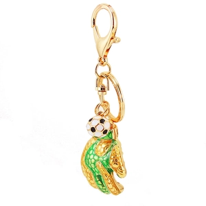 Soccer ball and goalkeeper glove keychain with golden metal hook and enamel finish