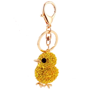 Porte-clés poussin mignon en strass jaunes avec fermoir homard et anneau doré