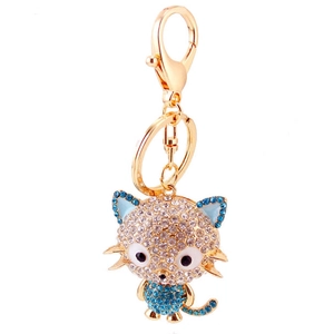Cute cartoon crystal cat keychain with blue rhinestones and gold metal lobster clasp