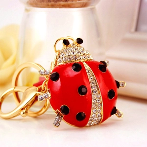 Creative ladybug keychain with red enamel and white rhinestones on golden metal base