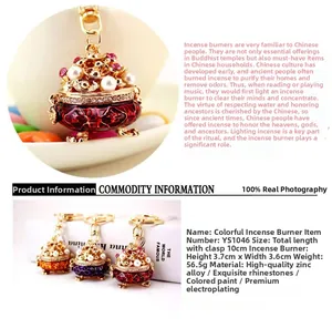 Detailed close-up of colorful enamel incense burner keychains with rhinestone accents