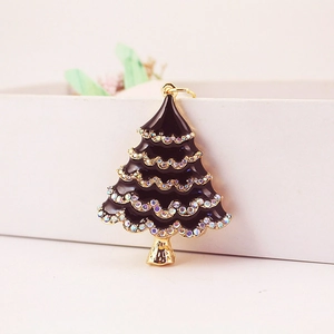 Golden Christmas tree keychain with black enamel and colorful rhinestones decor