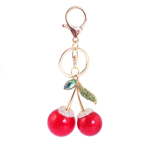 Sparkling cherry keychain with red spheres and gold lobster clasp for women bag accessory