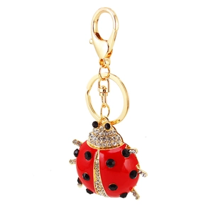 Creative ladybug keychain with red enamel, sparkling rhinestones and gold-tone lobster clasp