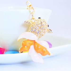 Sparkling gold goldfish keychain with crystal rhinestones and orange enamel scales