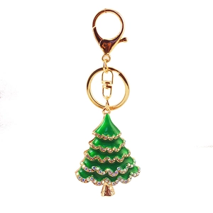 Sparkling Christmas tree keychain with green enamel and rhinestones on gold metal base