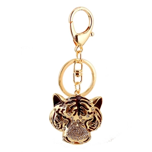 Golden tiger head keychain with crystal rhinestones and enamel tiger stripes