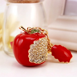 Sparkling red apple keychain with crystal rhinestones and golden metal hardware