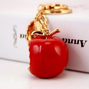 Sparkling Christmas red apple keychain with crystal rhinestone and gold leaf charm