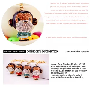 Detailed size and material guide for rhinestone monkey keychain in various colors