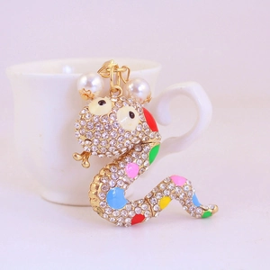 Colorful snake keychain with rhinestones and pearls on gold metal base for women