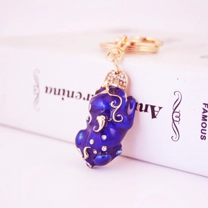 Blue enamel Pixiu keychain with rhinestones and gold-plated metal mascot for luck