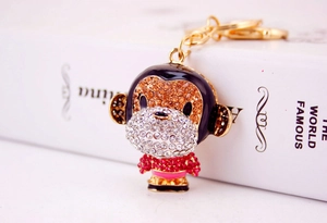Detailed close-up of golden alloy monkey keychain with colorful sparkling rhinestones