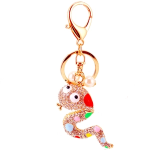 Porte-clés serpent avec strass colorés, perles et mousqueton doré pour sacs de femmes