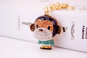 Detailed close-up of a monkey keychain with sparkling rhinestones and golden hardware