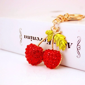 Sparkling Rhinestone Red Cherry Keychain For Women Zinc Alloy Metal Fruit Pendant Keyring Handbag Backpack Charm Accessory