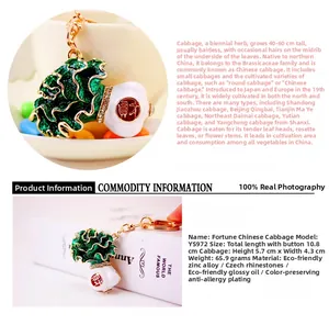 Detailed macro view of green cabbage keychain with rhinestones and lucky seal