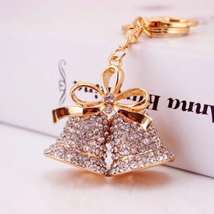 Luxury Zinc Alloy Double Bell Keychain With Rhinestones Bowknot Pendant Gold Metal Bag Charm For Women Key Ring Gift
