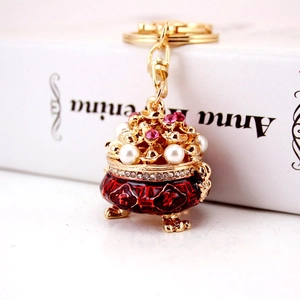 Chinese Style Cornucopia Incense Burner Keychain Metal Enamel Faux Artificial Pearl Rhinestone Lucky Pendant For Bags Car Keys Gift