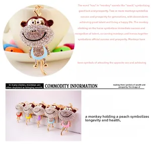 Detail view of rhinestone monkey keychain made of zinc alloy with sparkling Czech stones