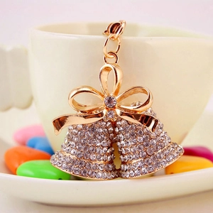 Sparkling crystal double bell keychain with golden bow for handbags and car keys