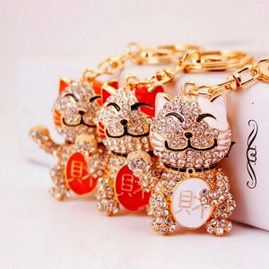 Creative Cute Lucky Cat Rhinestone Metal Keychain Lucky Fortune Cat Car Bag Charm Gold Zinc Alloy Lucky Cat Pendant Keychain