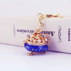 Exquisite blue enamel incense burner keychain with pearls and crystals in gold plating