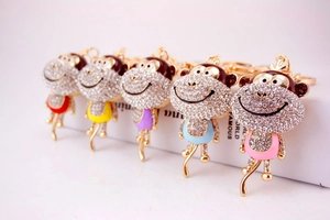 Detail view showing five cute rhinestone monkey keychains in various vibrant colors