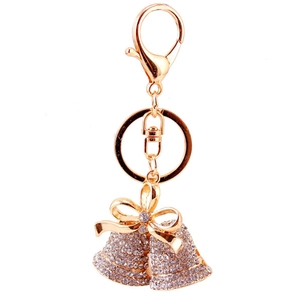 Golden bell keychain with white rhinestones and bow pendant for handbags and keys