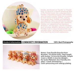 Detail showing colorful rhinestone poodle keychain made of gold-plated zinc alloy