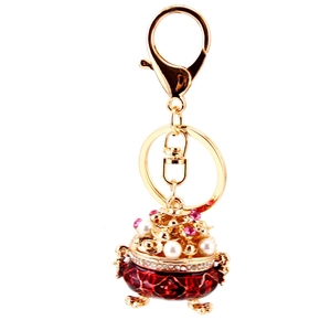 Chinese style vintage incense burner keychain with red enamel, pearls and crystals