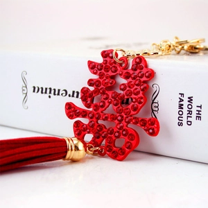 Traditional Chinese Style Double Happiness Keychain With Red Rhinestone And Tassel Gold Zinc Alloy Wedding Hanging Gift