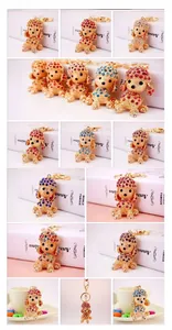 Detailed grid of crystal studded poodle keychains in red blue purple and gold metal