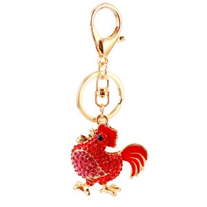 Sparkling rooster keychain with colorful rhinestones and gold metal lobster clasp