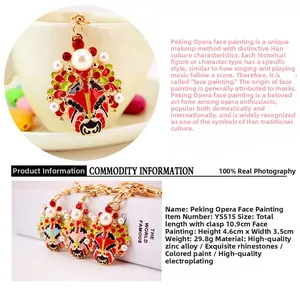 Detailed specs of Beijing Opera mask keychain with enamel finish and inlaid rhinestones