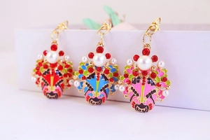 Detailed view of Chinese opera masks with enamel finish, rhinestones and pearls