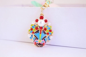 Detailed close-up of Peking Opera mask keychain with enamel colors and white pearls
